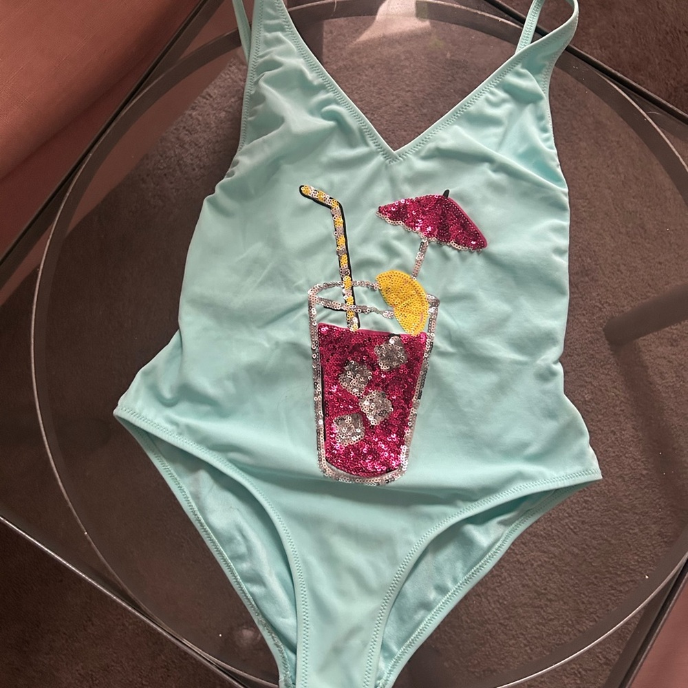 Topshop Aqua One Piece with Sequin Drink Design